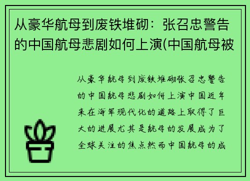 从豪华航母到废铁堆砌：张召忠警告的中国航母悲剧如何上演(中国航母被传好消息)