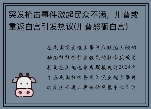 突发枪击事件激起民众不满，川普或重返白宫引发热议(川普怒砸白宫)