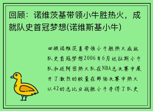 回顾：诺维茨基带领小牛胜热火，成就队史首冠梦想(诺维斯基小牛)